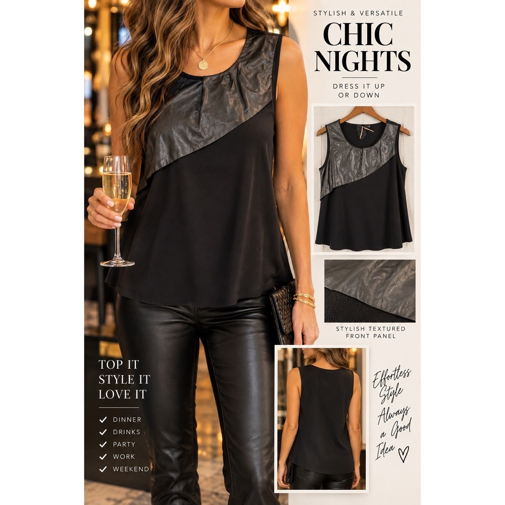 Black Sleeveless Tank Top Faux Leather Asymmetrical Panel Small